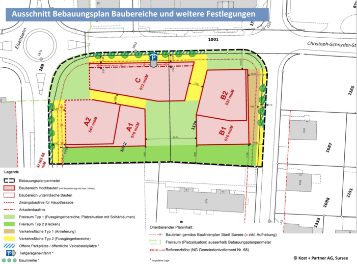 Ausschnitt Plan von Kost + Partner AG: Bebauungsplan Baubereiche und weitere Festlegungen